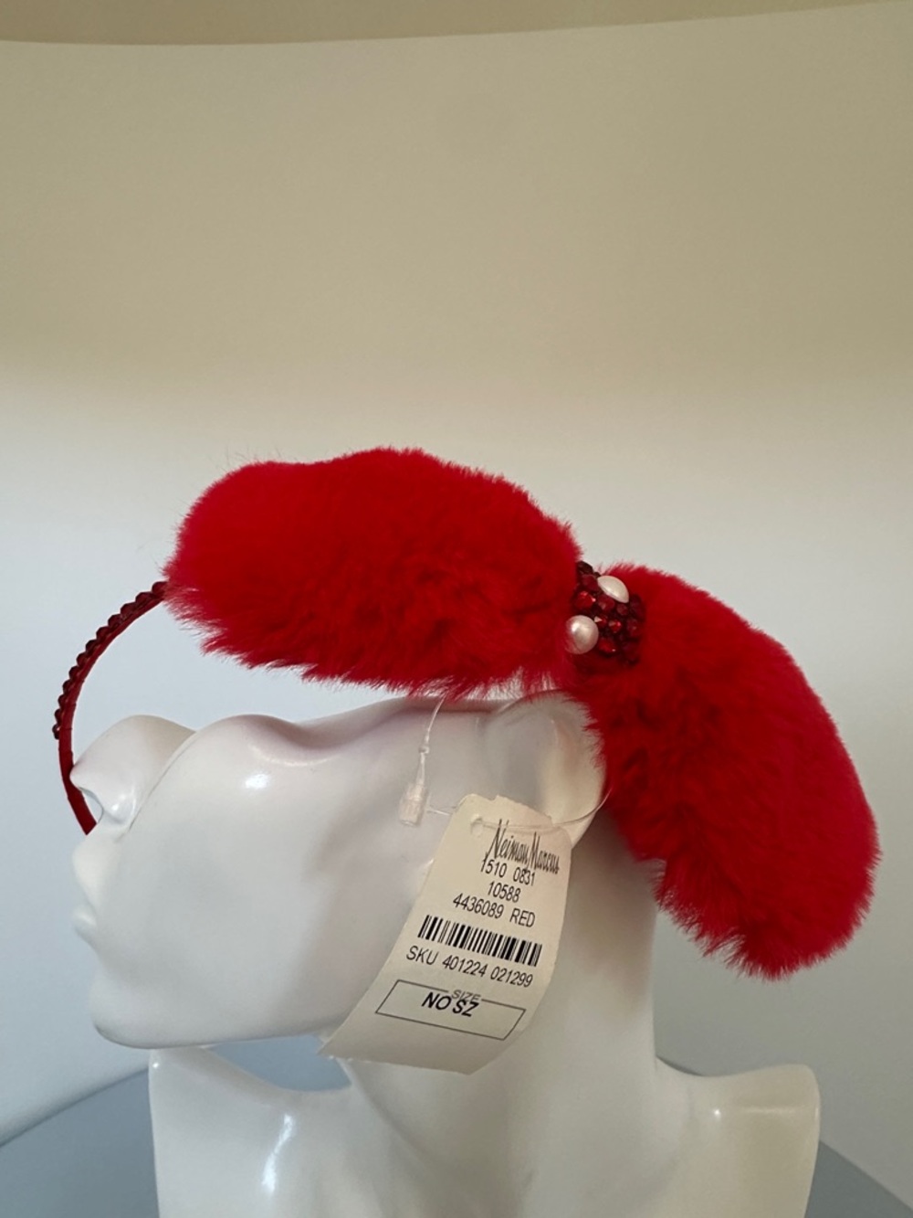 Neiman Marcus Red Faux Fur Earband with Bead Cluster